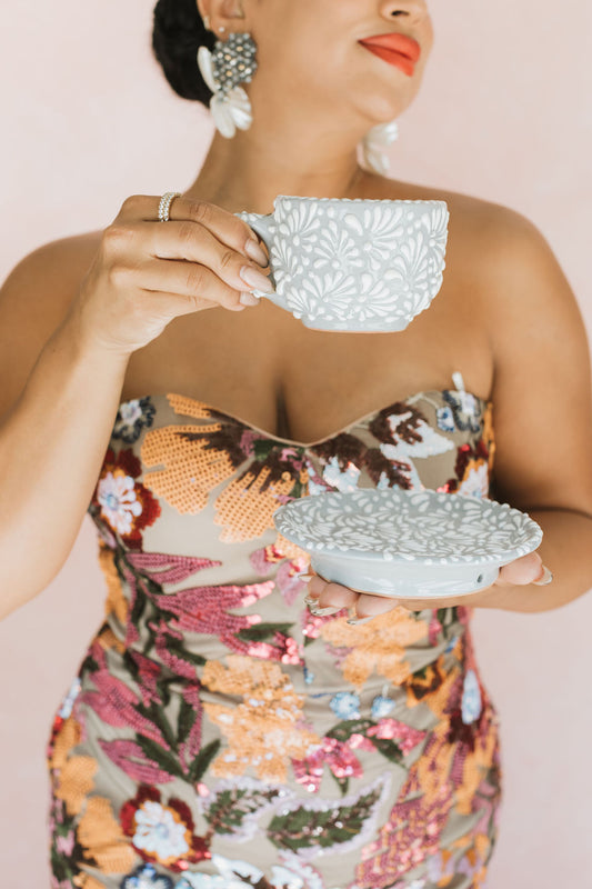 Talavera Mug Set-Cup and Saucer Grey & White