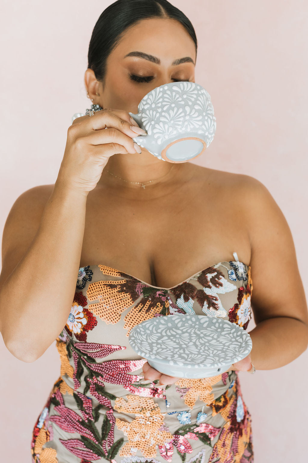 Talavera Mug Set-Cup and Saucer Grey & White