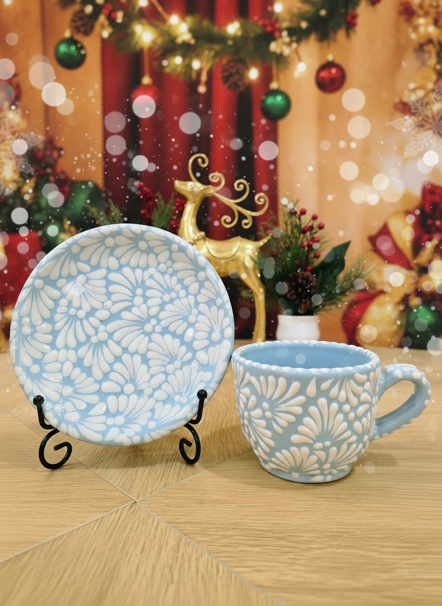 Talavera Mug Set-Cup and Saucer Baby Blue