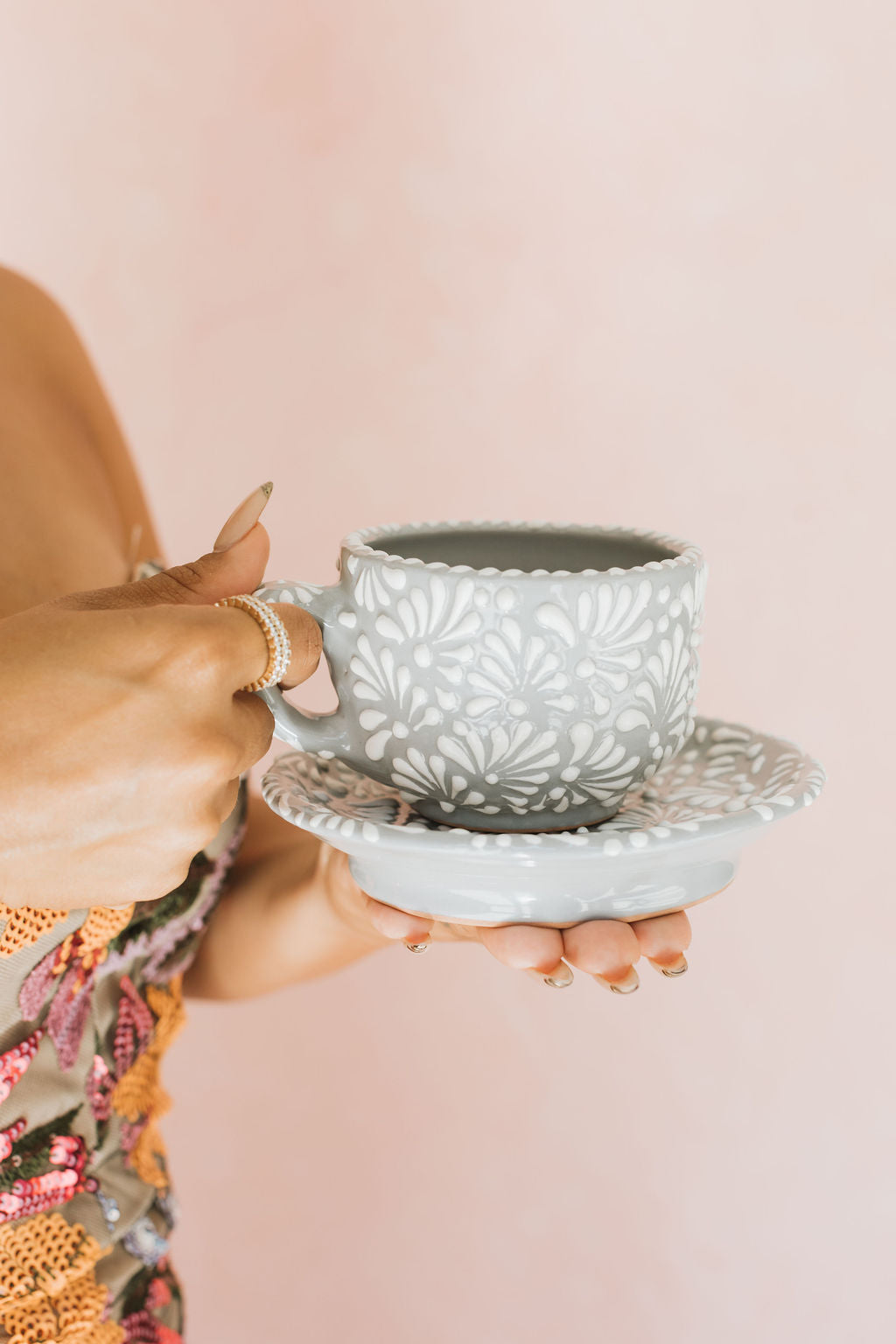 Talavera Mug Set-Cup and Saucer Grey & White
