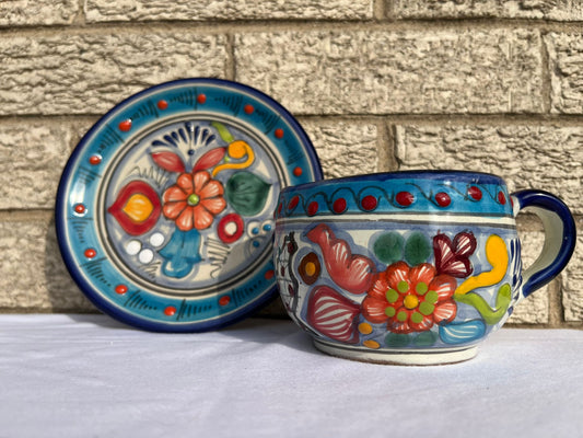 Pa'l Antojo Talavera Corazon Azul Mug & Saucer